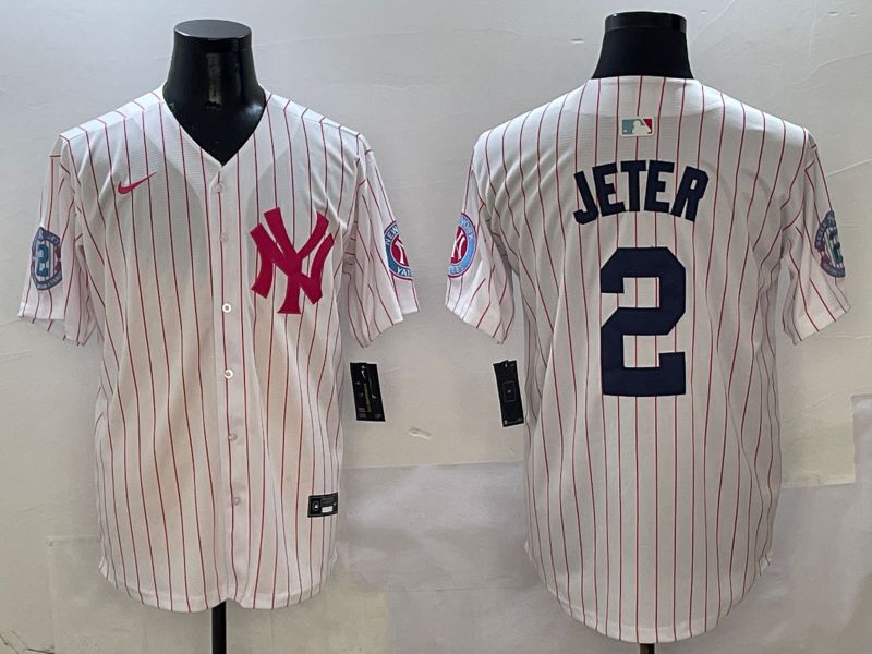 Men New York Yankees #2 Jeter White Stripe Jointly Name Nike 2025 MLB Jersey style 1